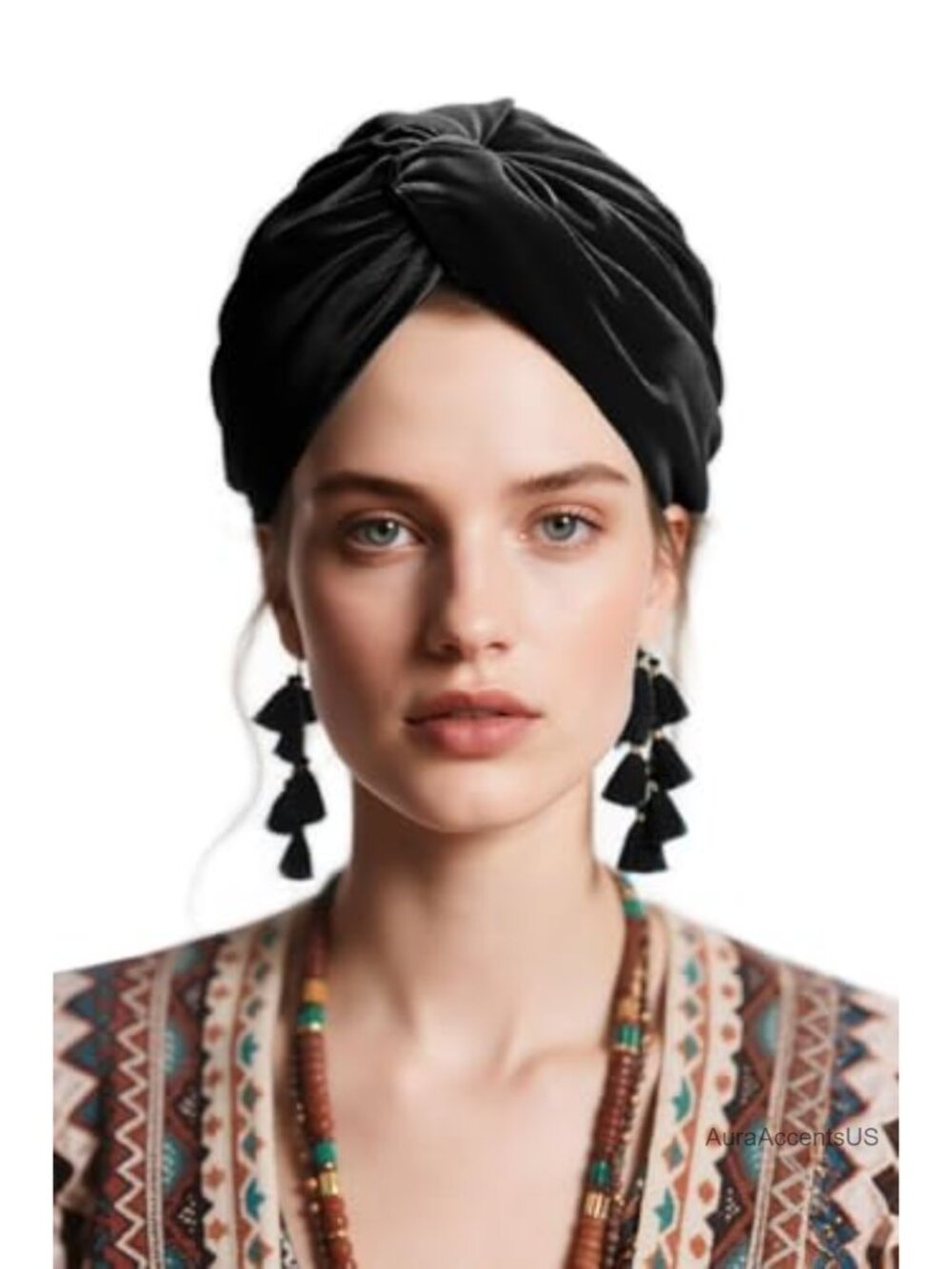 Velvet Tassel Turban Wrap Vintage Headwrap Twist Knot Hair Cover Detachable